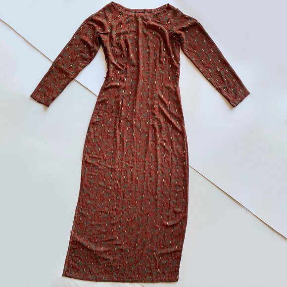 Vintage 90s Silk Maxi Dress Long Sleeve Rust Red Paisley Print Boho Retro Size S - Picture 1 of 7